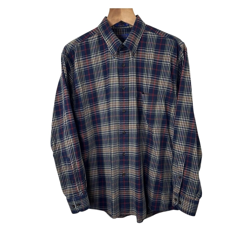 Pendleton Button Down Canterbury Cloth Blue Plaid Pima Cotton Merino Wool Men XL